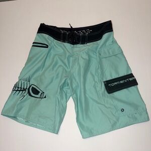 Tormenter Mens Board Shorts‎ Size 32 Seafoam Green Fish Skeleton Cargo Pockets